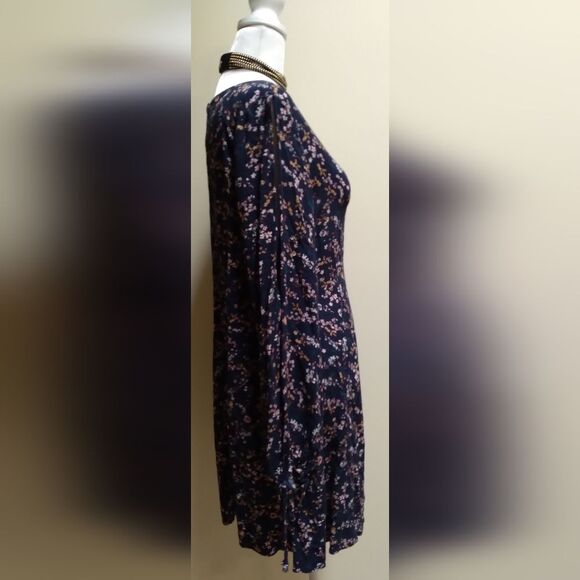 American Eagle Outfitters Navy Blue Floral Babydoll Dress Long Slit Sleeves - Picture 3 of 4